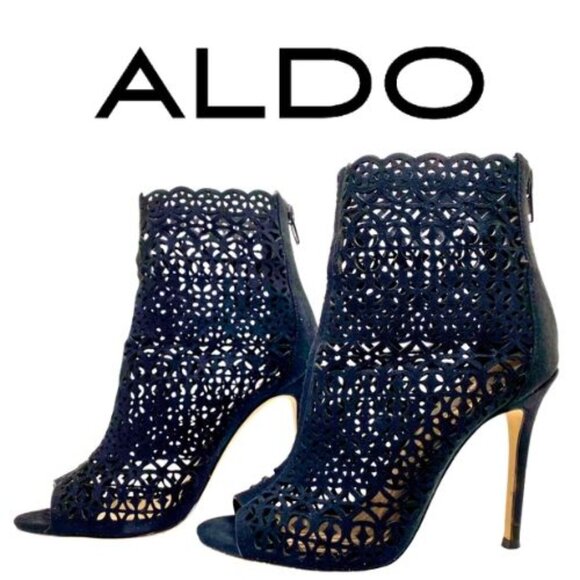 ALDO Black Laser-Cut Peep-Toe Stiletto Booties – Women’s Size 6 (Fair Condition) - Picture 1 of 10